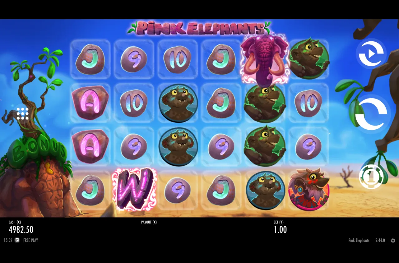 A glowing W wild on reel one beside a pink elephant scatter on reel five