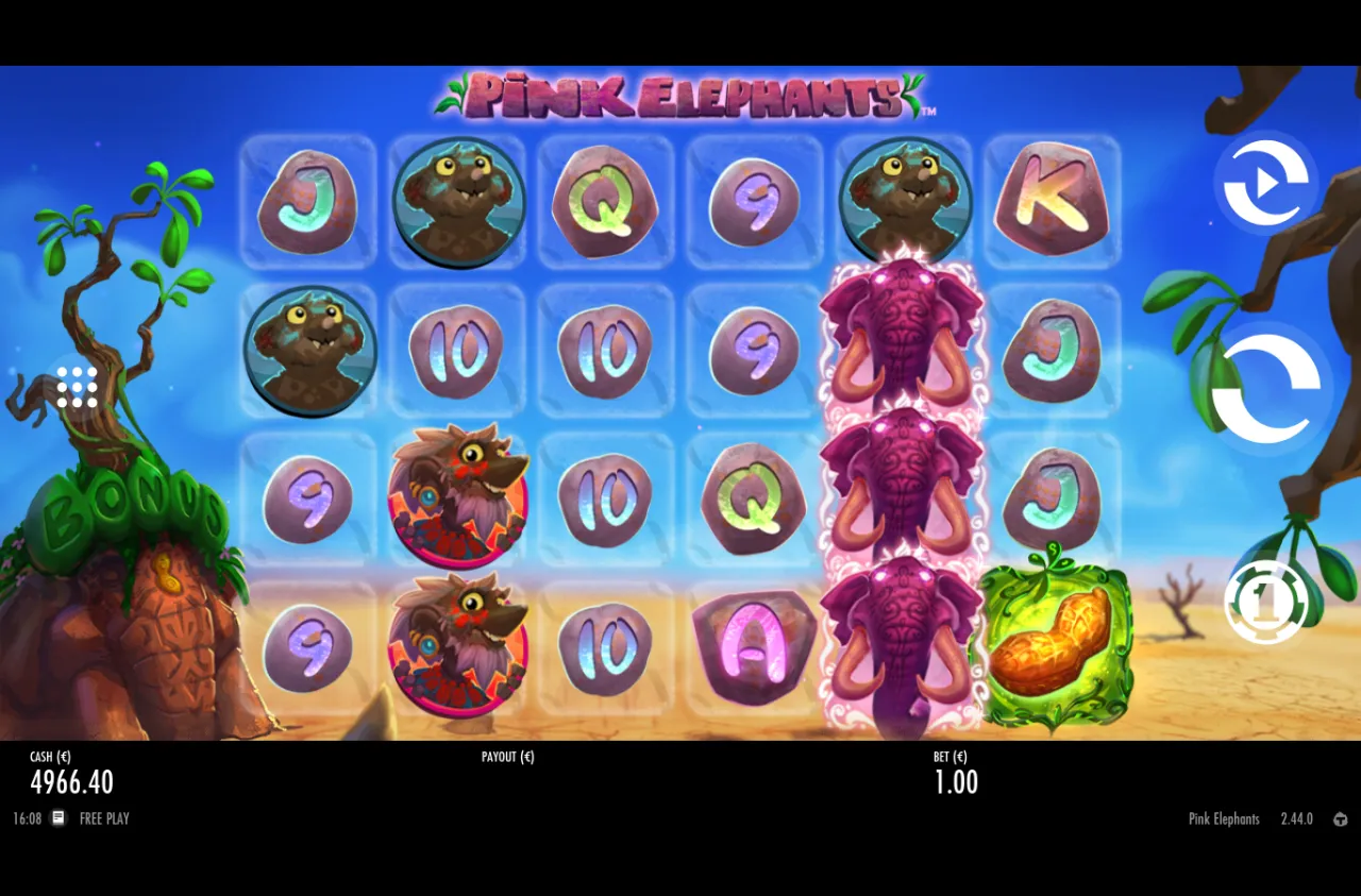 Three-high stack of pink elephant scatters on reel five with a peanut orb on reel six