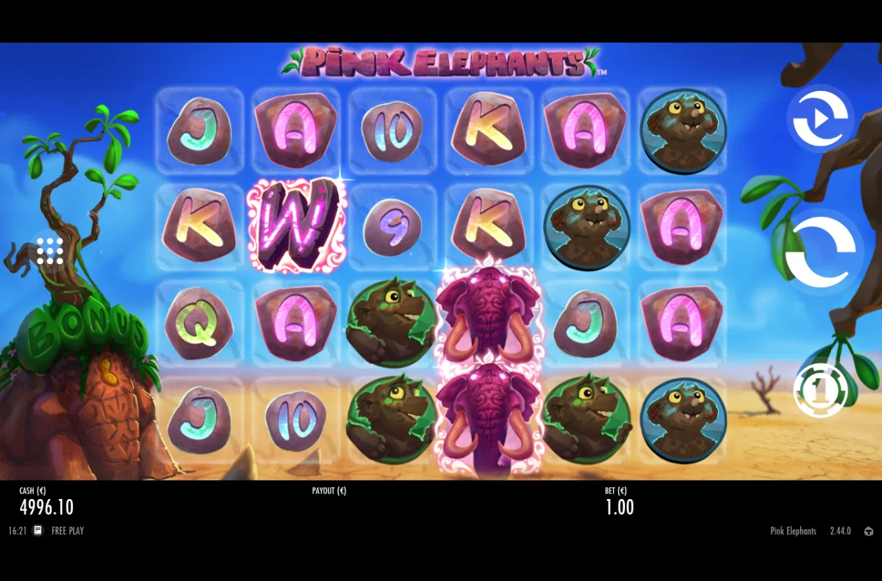 A W wild on reel two next to a two-high stack of pink elephants on reel four