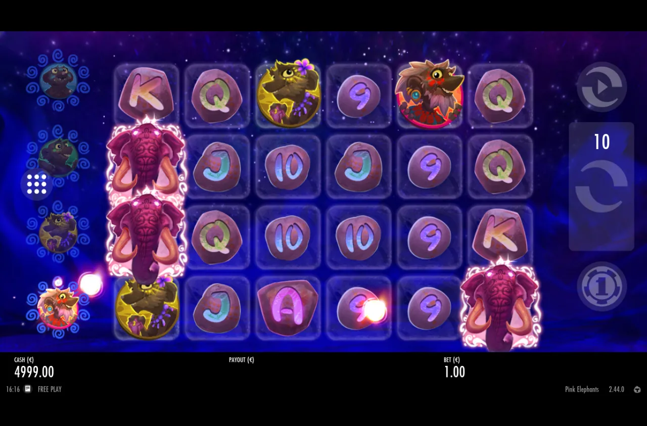 Free spins trigger with pink elephant scatters on reels one and six, orbs flying to the rail, ten free spins awarded