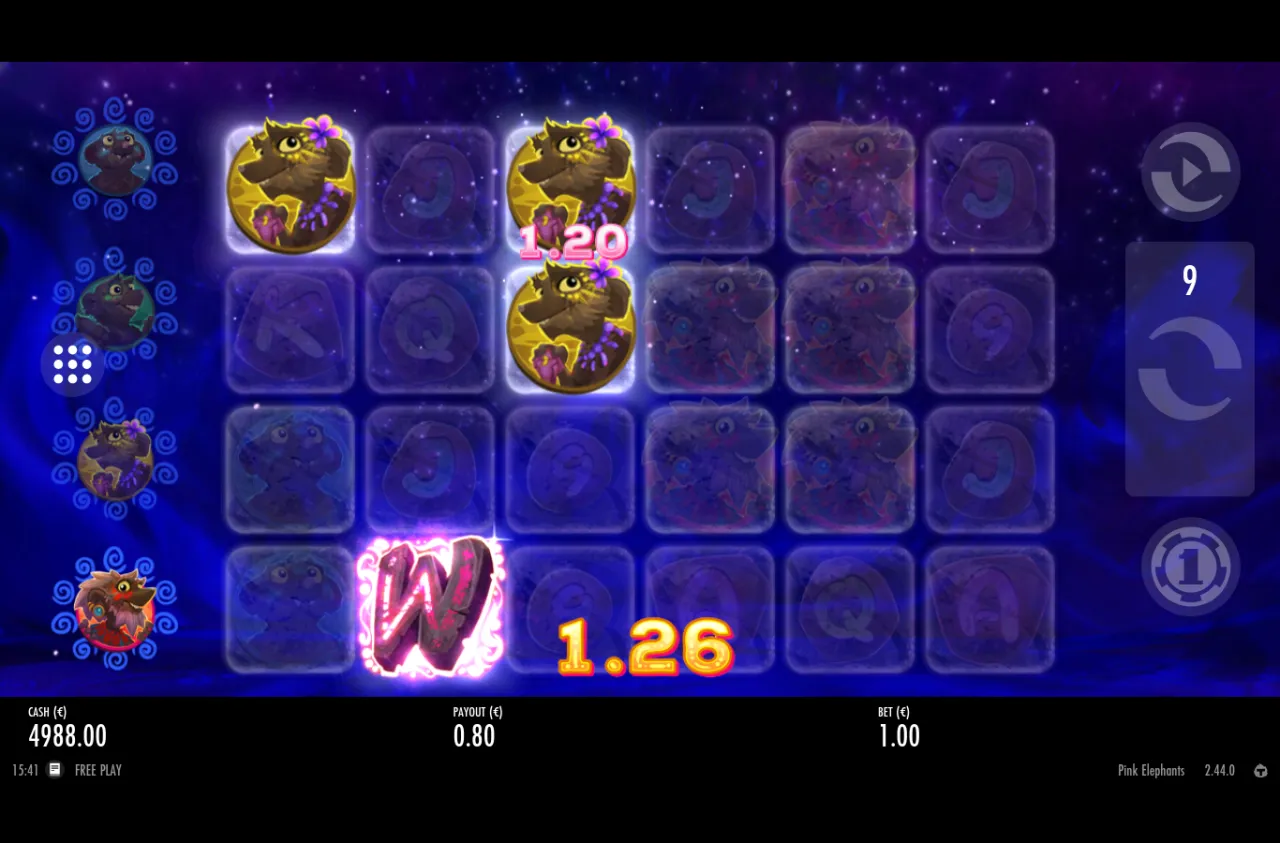 Night-sky free spins board, golden orbs matched with a W wild, nine spins remaining