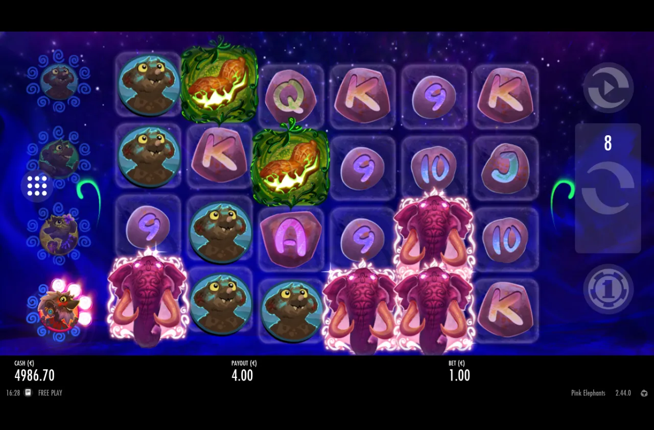 Free spins board with a row of pink elephants and peanut orbs on reels two and three, eight spins left