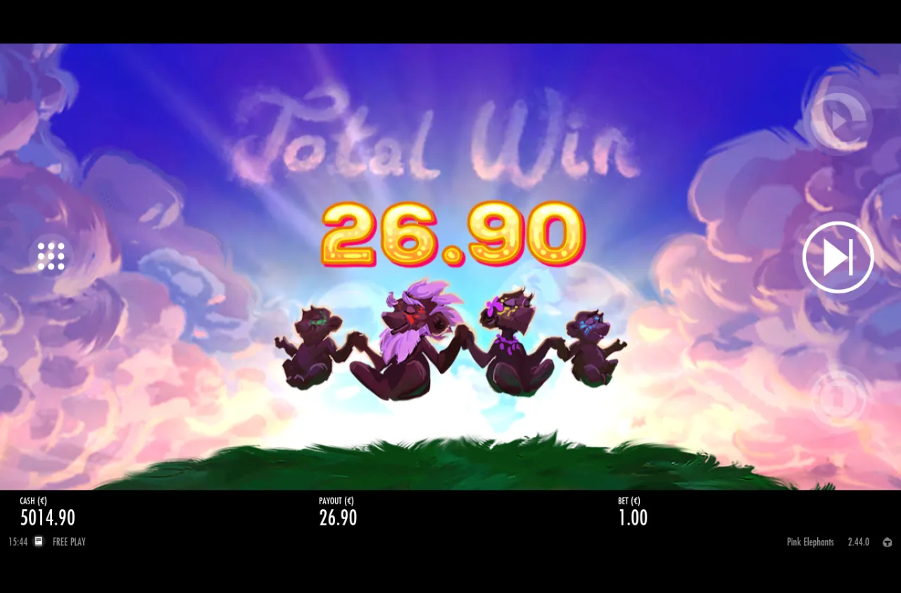 Free spins payout screen with the elephant family on a sunlit ridge above a 26.90 total win