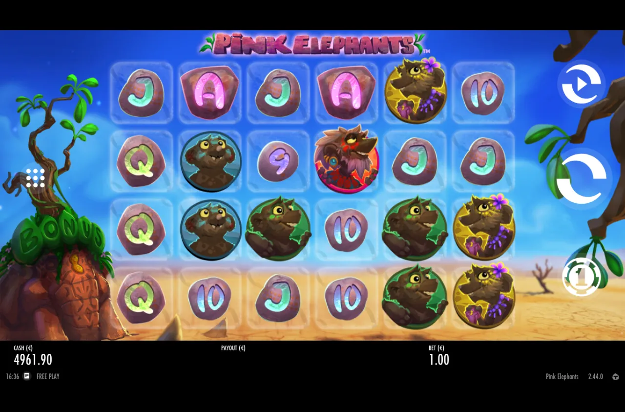 A calm closing base grid of card-stone and animal symbols with no scatters showing