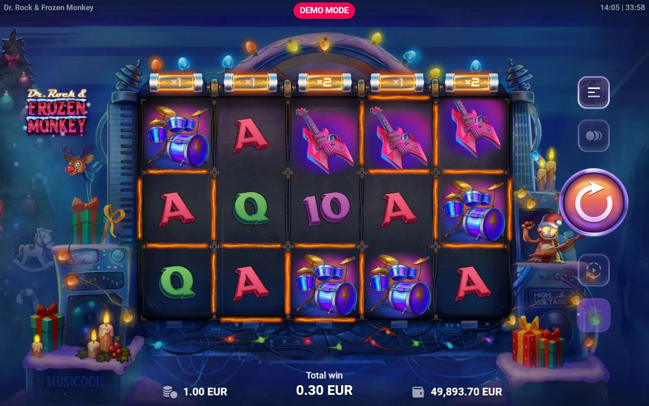 Drum and guitar win with ×2 multipliers lit on two reels