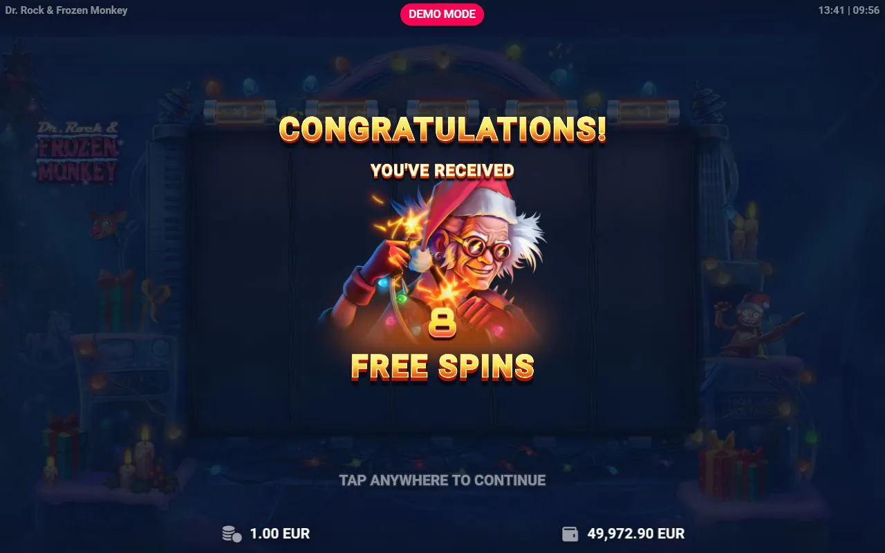 Congratulations banner awarding eight free spins