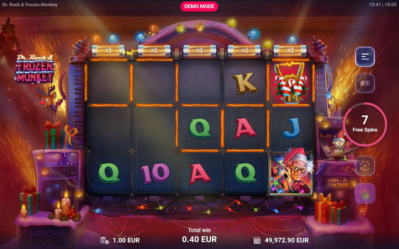 Free-spins arena with Dr. Rock wilds on the reels and counter ticking